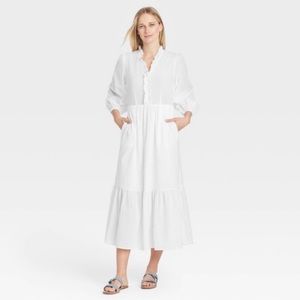 Who What Wear White Ruffle Trim Dot Dress